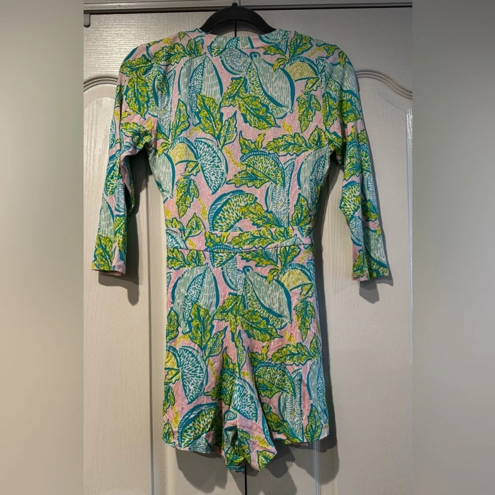 Lilly Pulitzer Pink, Green and Blue Leaf Patterned Wrap Romper - Size S